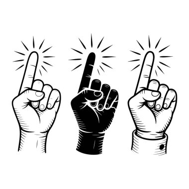 İşaret parmağı yukarı bakan bir elin üç stilize çizimi. Her illüstrasyonda parmak ucundan yayılan çizgiler, vurgu ya da bir fikri akla getiriyor. Eller siyah ve beyaz olarak tasvir edilir, bir eli sağlam olarak. 