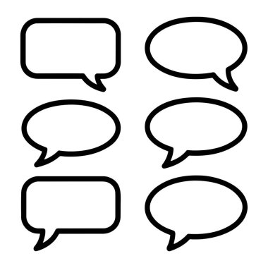 Beyaz arka planda siyah çizgileri olan altı boş konuşma baloncuğu koleksiyonu. Baloncukların üçü oval şekilli ve üçü yuvarlak köşeli dikdörtgen şeklinde. Her baloncuğun konuşma ya da düşünceyi gösteren sivri bir kuyruğu vardır..