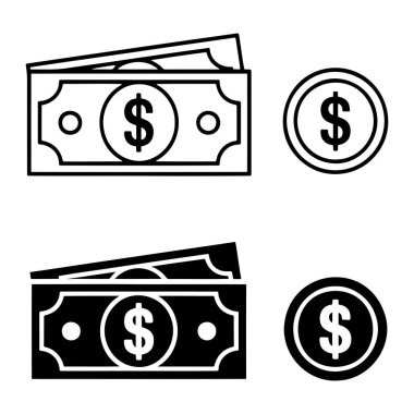 Görüntü, beyaz bir arkaplan karşısında iki set finansal ikonu gösteriyor. En üstteki sette, ortasında dolar işareti ve dolar işareti olan bir dolar banknotları ana hatları yer alıyor. Alttaki küme aynı I 'nın koyu siyah versiyonlarını gösteriyor.