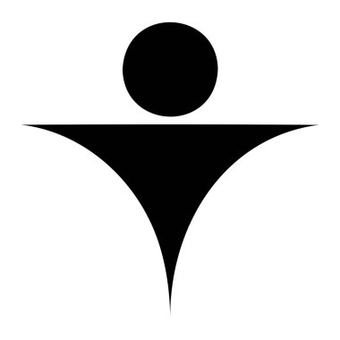 Beyaz bir arka plana karşı stilize edilmiş bir insan figürünün minimalist siyah silueti. Şeklin yuvarlak bir kafası ve alttaki keskin bir noktaya konik bir gövdesi vardır. Vücudun kenarları kıvrımlı çizgilerle şekillenir..