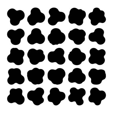 Koyu beyaz arka planda 25 siyah şekilli bir ızgara görüntülenir. Şekiller düzensiz ve organik, yuvarlak kenarları ve keskin noktaları yok. Beş sıra ve beş sütun halinde dizilmişler, tekrar eden bir pa oluşturuyorlar.