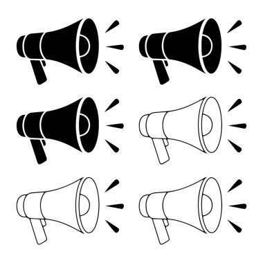 İki sütun ve üç sıra halinde dizilmiş altı megafon simgesinden oluşan bir koleksiyon. Üst ve orta sıra simgeleri koyu siyah siluetlerdir. Alttaki satır simgeleri beyaz arkaplanda siyahla çizilmiş. Her megafon ışıldayan çizgilerle tasvir edilir.