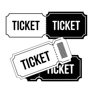 Dört biletin yer aldığı bir grafik çizimi. İki bilet yatay olarak en üste, biri siyah kenarlı beyaz, diğeri beyaz kenarlı. Bunların altında, siyah kenarı olan beyaz bir bilet köşegen ve üst üste bindiriliyor.