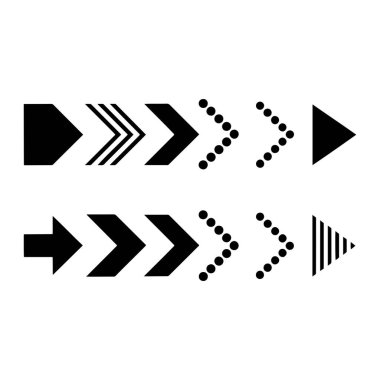Beyaz arka planda sunulan, sağı gösteren siyah ok sembolleri koleksiyonu. Oklar, katı şekiller, paralel çizgiler ve noktalı desenler de dahil olmak üzere, yönün ve ilerlemenin farklı görsel temsillerini gösteren stilde farklılık gösterirler.