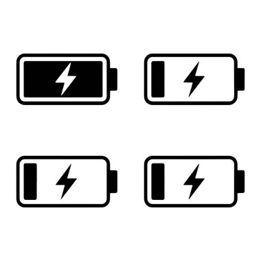 Batarya durumunu tasvir eden dört minimalist siyah beyaz simge. Her bir simge yuvarlak köşeli bir dikdörtgen, bir bataryayı temsil ediyor. Her bataryanın içinde, beyaz bir yıldırım sembolü güç ya da şarj olduğunu gösterir. Pil dolum seviyesi değişkenlik gösterir