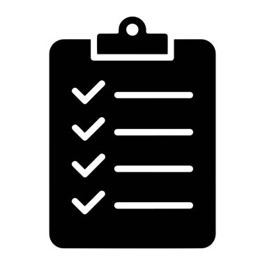 Siyah bir simge, üzerinde bir klip olan bir pano tasvir eder. Panoda beş öğe içeren bir liste var. Ögelerden dördünün yanında tamamlandığını gösteren işaretler var. Beşinci parçada boş bir çizgi var. Genel tasarım basit ve grafiksel, 