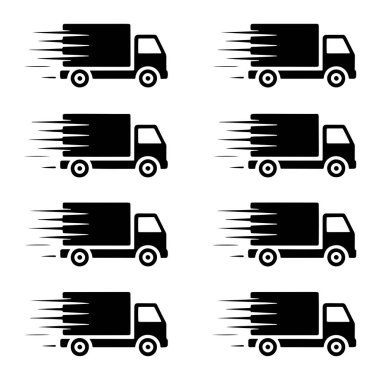 Teslimat kamyonlarının özdeş sekiz siyah siluet ikonundan oluşan bir koleksiyon. Her kamyon, tekerlekleri görünür halde ve kargo alanının gerisinden gelen hareket çizgilerinin stilize bir temsili ile profil içinde tasvir ediliyor. Bu da hız ve hareketi gösteriyor.