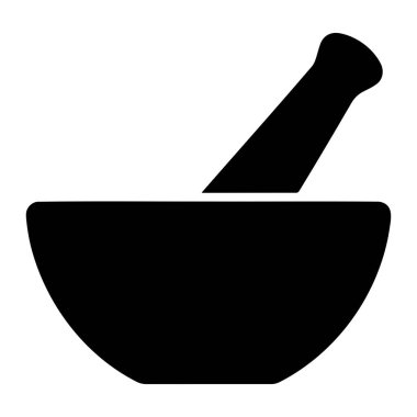 Bir havan topu ve tokmağın basit siyah silueti beyaz bir arkaplanda sergilenir. Havan topu geniş, kavisli tabanlı sığ bir kase. Kalın, uzun ve yuvarlak uçlu bir alettir. Havan topunun çaprazına yerleştirilmiştir..