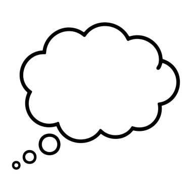 Bulut şeklini andıran bir düşünce baloncuğunun siyah çizgisi, düz beyaz bir arkaplanda tasvir edilir. Ana baloncuğun solunda, farklı boyutlarda üç küçük çember aynı çizgide sıralanır, yine siyah çizgilerde,