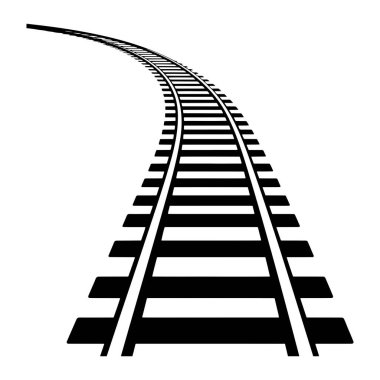 Katıksız bir siyah beyaz grafik çizimi, düz beyaz bir arkaplana doğru uzanan kavisli bir demiryolu rayını tasvir eder. Perspektif, rayların paralel çizgilerini ve uyuyanların tekrarlayan örüntülerini vurgular.