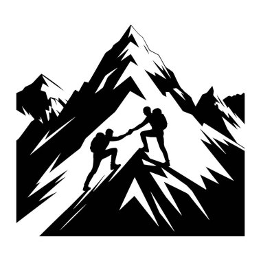 Siyah bir siluet iki dağcıyı sarp, sivri bir dağda tasvir eder. Bir dağcı, diğerinin kaya yüzeyinin zor bir kısmına tırmanmasına yardım etmek için aşağıya uzanıyor. Her iki figür de sırt çantası takıyor ve mou 'nun yükselme sürecinde gibi görünüyor.