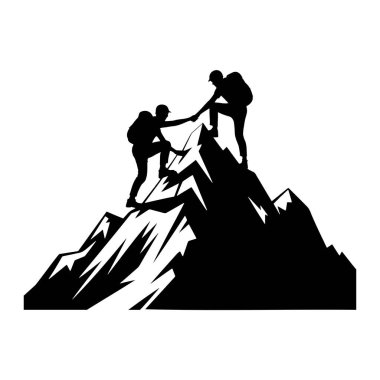 Sivri bir dağın zirvesinde iki dağcının siyah silueti. Bir dağcı diğerinin yükselmesine yardım etmek için aşağıya uzanıyor. Her ikisi de sırt çantası ve kask takıyor ve alt dağcı bir ip tutuyor. Sahne, bembeyaz bir taşralıya karşı tasvir edilmiş.