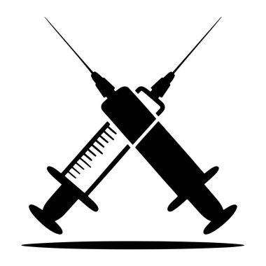 Beyaz arka planda çapraz formasyonda iki siyah tıbbi şırınga tasvir edilir. Soldaki şırınganın namlusunda görünür ölçü işaretleri var. Bu da dozajı gösteriyor. Her iki şırınganın da yukarı ve dışarı bakan keskin iğneleri var.