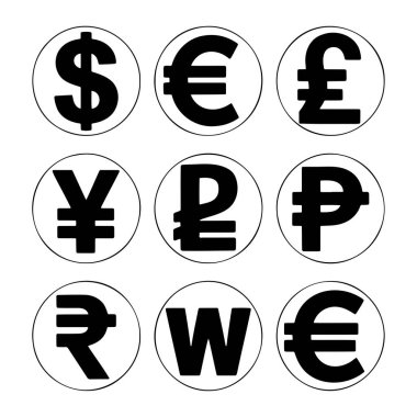 Beyaz arka planda beyaz daireler şeklinde sarılı dokuz siyah para birimi sembolü koleksiyonu. Semboller dolar, avro, pound, yen, peso ve rupiyi temsil ediyor. Düzenleme her biri üç sembollü üç satırdan oluşuyor..