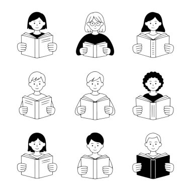 Aralarında çocuklar ve yetişkinlerin de yer aldığı dokuz basit siyah beyaz çizimlerin yer aldığı bir koleksiyon, açık kitaplar okumaya dalmış çeşitli bireyleri resmediyor. Rakamlar beyaz bir arkaplan karşısında temiz ve grafik bir şekilde sunuluyor, bir varyasyon sergiliyor