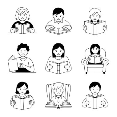 Aralarında çocuklar ve yetişkinlerin de yer aldığı çeşitli bireyleri tasvir eden dokuz adet siyah beyaz çizgi resim koleksiyonu. Çeşitli pozlarda gösteriliyor, bazıları masalarda oturuyor, bazıları koltuklarda, hepsi açık kitaplar tutuyor. İlk...