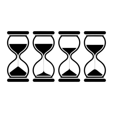 Dört siyah kum saati beyaz arka plana karşı yatay bir çizgide sergilenir. Her kum saatinin ortasında ampul gibi bir şekil ve iki cam bölmeyi birbirine bağlayan dar bir boyun bulunur. Üst odalarda değişen miktarlarda siyah kum var. 