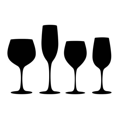 Beyaz arka planda dört farklı türde içki bardağından oluşan siyah bir siluet sergilenmektedir. Soldan sağa doğru geniş bir kase şarap kadehi, uzun bir şampanya kadehi, standart bir şarap kadehi ve daha dar bir şarap kadehi. Hepsi çok güzel.