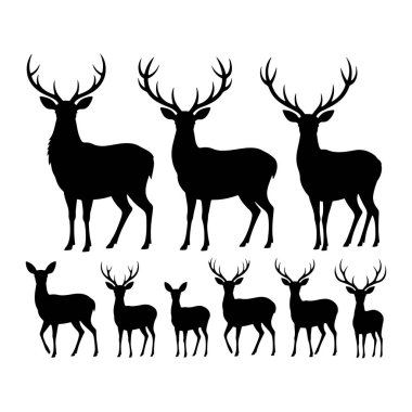 Beyaz arka planda siyah geyik silueti koleksiyonu. En üstteki satırda profil ile tasvir edilmiş büyük dallı boynuzları olan üç yetişkin geyik var. Alt sırada beş küçük geyik var, bazılarında geyik boynuzu var, bazılarında da yok.