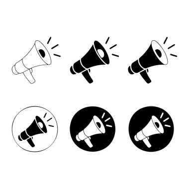 Bu resim bir megafonun altı simgesini gösterir. Üst sırada üç simge var, bir megafon çizimi, bir siyah megafon ve bir başka sert siyah megafon. Bunların altında, üç dairesel simge sıralanır, her birinde ben vardır.
