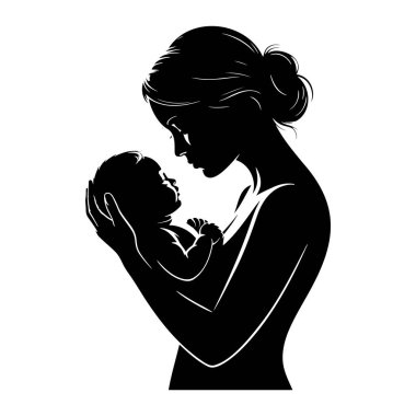 Elinde bebek tutan siyah bir anne silueti. Anne nazik bir ifadeyle bebeğe bakıyor. Bebek annenin kollarında beşikte. Resim bir profil görünümdür ve beyaz bir arkaplana karşıdır.