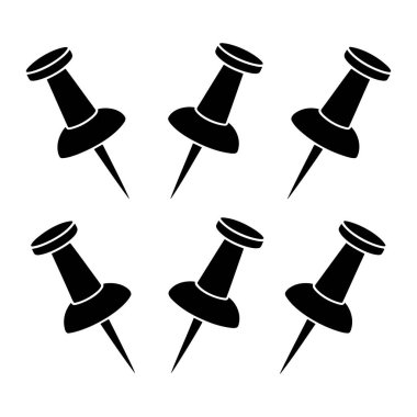 Grafik çiziminde düz beyaz arka planda iki satırda sıralanmış altı siyah raptiye gösteriliyor. Her bir raptiye düz, dairesel bir baş, yükseltilmiş bir çember ve aşağıya doğru uzanan keskin, sivri bir metal şaft içerir. Mandallar vadiye yerleştirildi.