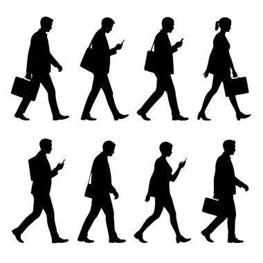 Bu resim, beyaz bir arkaplanda yürüyen sekiz siyah insan siluetini gösteriyor. Rakamlar arasında erkekler ve kadınlar, bazıları evrak çantası taşıyan kadınlar ve cep telefonlarına bakan diğerleri yer alıyor. Siluetler profil ile tasvir ediliyor, değişkenler sergileniyor