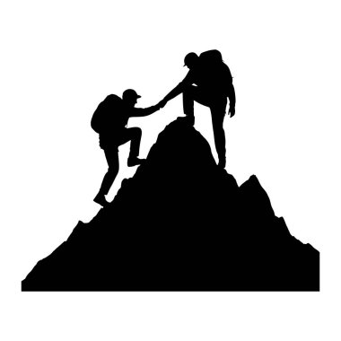 Dağdaki iki yürüyüşçünün siyah silueti. Yürüyüşçülerden biri diğerine yardım etmek için kayalık araziye iniyor. Yürüyüşçülerin ikisi de sırt çantası takıyor ve dağın zirvesinde gibi görünüyorlar. Arka plan bembeyaz..