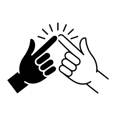 Bir grafik, bir siyah ve bir beyaz, işaret parmakları uzatılmış ve dokunmak üzere olan iki eli resmediyor. Temas noktasından yayılan çizgiler bir kırılma hareketi ya da bir enerji patlaması olduğunu gösteriyor. Arkaplan 