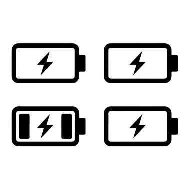 Batarya şarj seviyelerini temsil eden dört siyah ve beyaz simge. Her bir simge yuvarlak köşeleri ve sağ tarafında daha küçük dikdörtgen bir terminali olan dikdörtgen şeklindedir. Her akünün ana gövdesinde bir siyah yıldırım sembolü bulunur. 