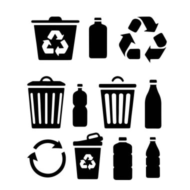 Beyaz arkaplanda siyah siluet simgelerinden oluşan bir koleksiyon. Simgeler çeşitli geri dönüşüm ve atık öğütme şekillerini tasvir ediyor. Üç tane çöp tenekesi var, ikisinde evrensel geri dönüşüm sembolü ve birinde dikey çizgiler var. Birkaç plastik şişe.