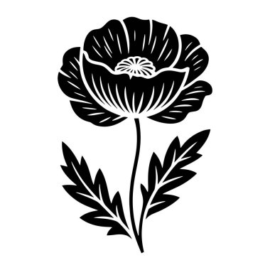 Merkezden yayılan ince çizgilerle detaylandırılmış ve taç yaprakları açılmış bir gelincik çiçeğinin stilize edilmiş siyah silueti. Çiçek ince bir gövde ve iki tırtıklı yaprakla desteklenir. Arkaplan düz beyaz.