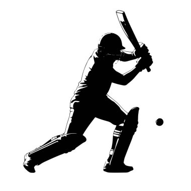 Siyah bir kriket oyuncusu silueti topa vurmak için sopa sallıyor. Oyuncu bacaklarına kask ve koruyucu pedler takmış. Görüntü, siyah ile beyaz arkaplan arasındaki katıksız tezat, t 'nin dinamik hareketini vurguluyor.