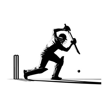 Dinamik siyah bir siluet, salıncakta sallanan ve topa güçlü bir şekilde vuran bir kriket vurucusunu tasvir ediyor. Oyuncu bir kask ve arka planda kriket kütükleri olan koruyucu pedler takıyor. Görüntü simsiyah beyaz, vurgulu.