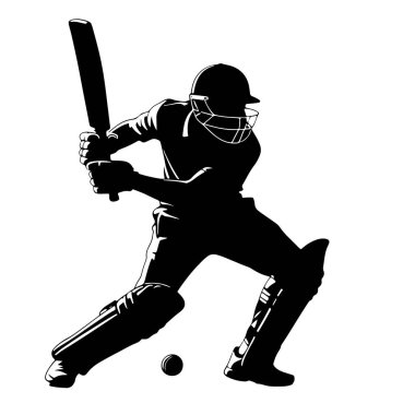 Siyah bir kriket oyuncusu silueti. Kriket sopası sallıyor. Oyuncu kask ve koruyucu bacaklar takıyor. Bir kriket topu oyuncunun önünde yerde görünür. Görüntü tam bir siyah beyaz grafiktir.