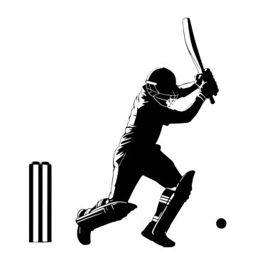 Tam teçhizatlı bir kriket vurucusunun siyah silueti topa vurmak için sopa sallıyor. Vurucu kask ve ped takıyor. Vurucunun solunda bir kalenin üç kütüğü var. Görüntü bir beyaza karşı katıksız siyah beyaz bir resimdir.