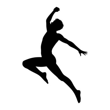 Havanın ortasında, dinamik bir sıçrama pozuyla yakalanmış siyah bir siluet. Rakam atletik ve zariftir, bir kolu yukarıda, diğeriyse dışa doğru uzanmıştır. Bacaklar bükülmüş, güçlü bir hareket ve denge izlenimi veriyor. Siluet. 