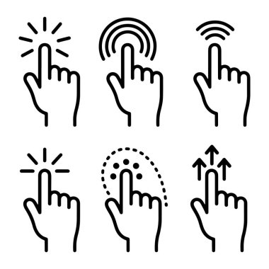 Beyaz arkaplanda altı siyah taslak simge koleksiyonu, her biri bir parmak uzatılmış bir insan eli tasvir ediyor. Simgeler çeşitli dijital etkileşimleri temsil ediyor: yayılan çizgilerle dokunan bir parmak, eşmerkezli dairelerle dokunan bir parmak, bir fi