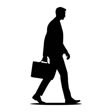 Takım elbiseli bir adamın siyah silueti sol elinde bir evrak çantası taşıyarak soldan sağa doğru yürüyor. Profilde beyaz arka planda resmedilen adam. Kafası hafifçe eğilmiş ve vücudu sanki hareket ediyormuş gibi öne doğru dönük. Evet.