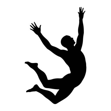 Havada uçan bir erkek dansçının siyah silueti, dinamik bir sıçrayış pozu yakalamış. Kolları yukarı ve dışarı doğru uzanıyor, parmakları açık. Vücudu bükülmüş, bir bacağı bükülmüş ve diğeri gerilmiş, esneklik gösteriyor.