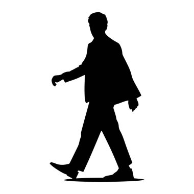 Beyaz arka planda soldan sağa doğru yürüyen takım elbiseli bir adamın siyah silueti. Adam tam bir profil ile tasvir ediliyor, sol bacağı önde ve sağ bacağı arkada yürüyen bir adımda. Pantolonu, ceketi ve ayakkabıları var.