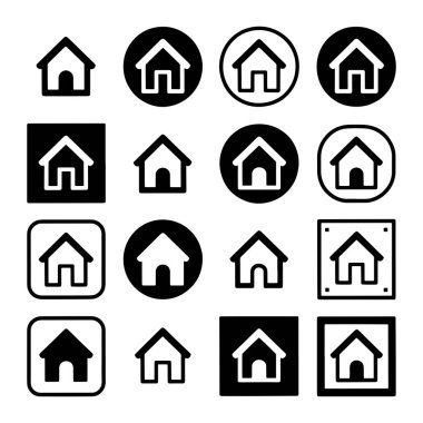 Izgara şeklinde sunulan 16 ev simgesinden oluşan bir koleksiyon. Simgelerde üçgen çatılı ve dikdörtgen kapılı stilize bir ev silueti yer alıyor. Katı siyah şekiller, b içinde beyaz çizgiler gibi çeşitli biçimlerde sergilenirler.