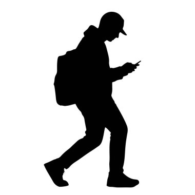Beyzbol şapkası ve sırt çantası takan bir kişinin siyah silueti ellerinde akıllı bir telefona bakarken aşağıya doğru yürürken resmedilir. Şekil, düz beyaz bir arkaplan karşısında profilde gösterilir.