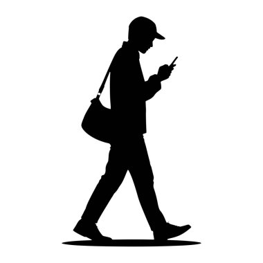 Soldan sağa doğru yürüyen siyah bir siluet. Kişi kep, ceket, pantolon ve ayakkabı giyiyor. Bir kurye çantası sol omzunun üzerinden atılır. Aşağıya bakıyorlar ve ellerinde bir akıllı telefon tutuyorlar. Siluet...