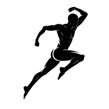 Kaslı bir adamın siyah silueti, dinamik bir koşuda yakalandı. Vücudu öne doğru açılı, bir bacağı arkaya uzanıyor ve diğeri de dizine eğilip onu öne doğru itiyor. Kolları bükülmüş, tek yumruğu sıkılmış.