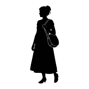 Profilde siyah bir kadın silueti tasvir ediliyor, sola dönük. Saçlarını topuz şeklinde yaptırıyor ve uzun bir elbise ve topuklu ayakkabılar giyiyor. Bir omuz çantası vücudunun sağ omzunda duruyor. Görüntü beyaz renkte izole edilmiştir.