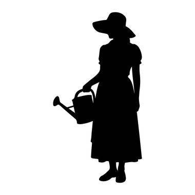 Geniş kenarlı şapkalı ve uzun elbiseli bir kadının silueti elinde bir su kovası tutuyor. Siluet beyaz bir arkaplanda izole edilmiş. Kadın bahçıvanlık ya da bitki bakımıyla uğraşıyor gibi görünüyor..