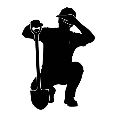 İş kıyafetleri içinde elinde kürekle çömelmiş siyah bir siluet. Kişi alnını eliyle siliyor, bu da efor ya da ısıyı işaret ediyor. Kürek onların hemen yanında duruyor. Görüntü, simsiyah beyaz bir grafiktir.