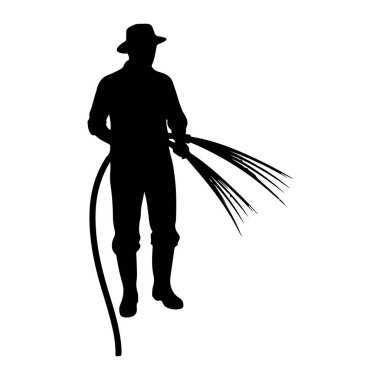 Şapka ve bot giyen birinin siyah silueti elinde hortum tutuyor. Hortum kıvrımlı ve su püskürtüyor gibi görünüyor. Resim beyaz bir arkaplanda izole edilmiştir.