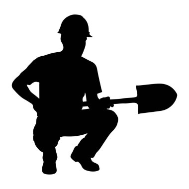 Siyah şapkalı ve tişörtlü bir kişinin silueti kürekle çömeliyor. Kişinin sol eli kalçasında, ve kürek onun önünde yatay olarak tutulur. Siluet beyaz bir arkaplanda izole edilmiş..